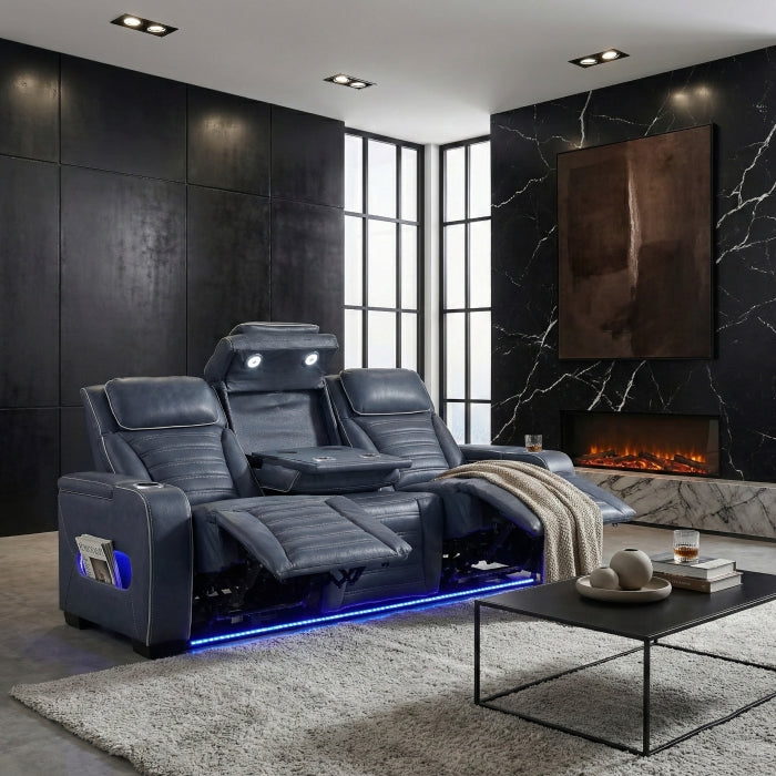 Cyber Blue Power Double Reclining Sofa With Center Drop-down Cup Holders Power Headrests Storage Arms Cup Holders Reading Lights Wireless Charger Air Massage Heat Led Lighting And Charging Ports