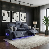 Cyber Blue Power Double Reclining Sofa With Center Drop-down Cup Holders Power Headrests Storage Arms Cup Holders Reading Lights Wireless Charger Air Massage Heat Led Lighting And Charging Ports