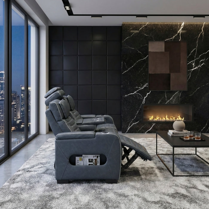 Cyber Blue Power Double Reclining Sofa With Center Drop-down Cup Holders Power Headrests Storage Arms Cup Holders Reading Lights Wireless Charger Air Massage Heat Led Lighting And Charging Ports