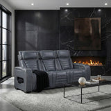 Cyber Blue Power Double Reclining Sofa With Center Drop-down Cup Holders Power Headrests Storage Arms Cup Holders Reading Lights Wireless Charger Air Massage Heat Led Lighting And Charging Ports