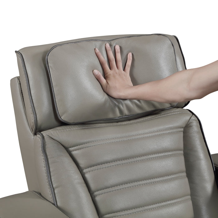 Cyber Gray Power Double Reclining Sofa With Center Drop-down Cup Holders Power Headrests Storage Arms Cup Holders Reading Lights Wireless Charger Air Massage Heat Led Lighting And Charging Ports