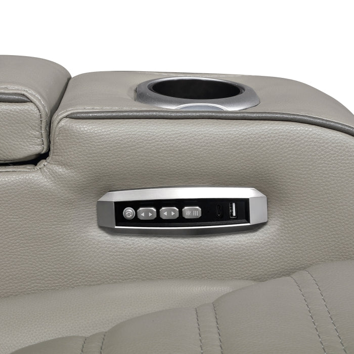 Cyber Gray Power Double Reclining Sofa With Center Drop-down Cup Holders Power Headrests Storage Arms Cup Holders Reading Lights Wireless Charger Air Massage Heat Led Lighting And Charging Ports