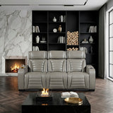 Cyber Gray Power Double Reclining Sofa With Center Drop-down Cup Holders Power Headrests Storage Arms Cup Holders Reading Lights Wireless Charger Air Massage Heat Led Lighting And Charging Ports