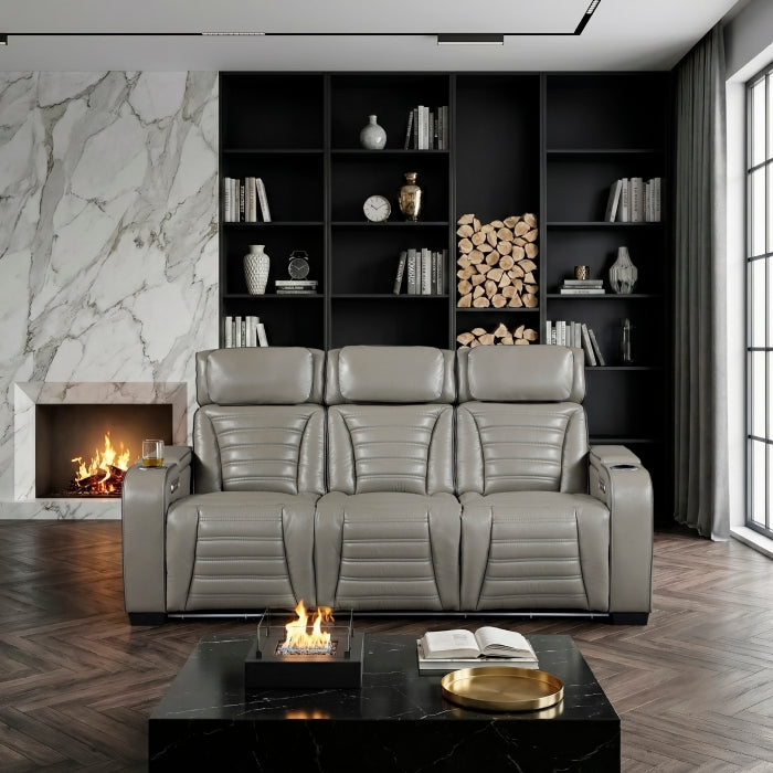 Cyber Gray Power Double Reclining Sofa With Center Drop-down Cup Holders Power Headrests Storage Arms Cup Holders Reading Lights Wireless Charger Air Massage Heat Led Lighting And Charging Ports