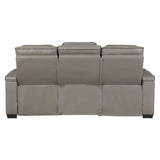 Cyber Gray Power Double Reclining Sofa With Center Drop-down Cup Holders Power Headrests Storage Arms Cup Holders Reading Lights Wireless Charger Air Massage Heat Led Lighting And Charging Ports