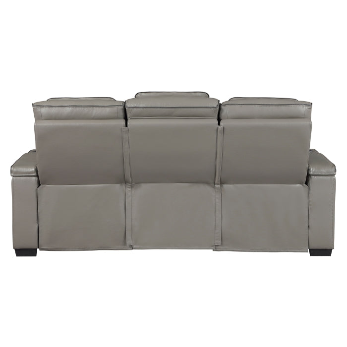 Cyber Gray Power Double Reclining Sofa With Center Drop-down Cup Holders Power Headrests Storage Arms Cup Holders Reading Lights Wireless Charger Air Massage Heat Led Lighting And Charging Ports