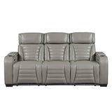 Cyber Gray Power Double Reclining Sofa With Center Drop-down Cup Holders Power Headrests Storage Arms Cup Holders Reading Lights Wireless Charger Air Massage Heat Led Lighting And Charging Ports