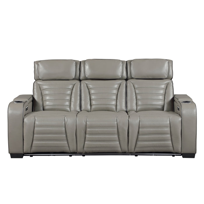 Cyber Gray Power Double Reclining Sofa With Center Drop-down Cup Holders Power Headrests Storage Arms Cup Holders Reading Lights Wireless Charger Air Massage Heat Led Lighting And Charging Ports
