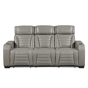 Cyber Gray Power Double Reclining Sofa With Center Drop-down Cup Holders Power Headrests Storage Arms Cup Holders Reading Lights Wireless Charger Air Massage Heat Led Lighting And Charging Ports