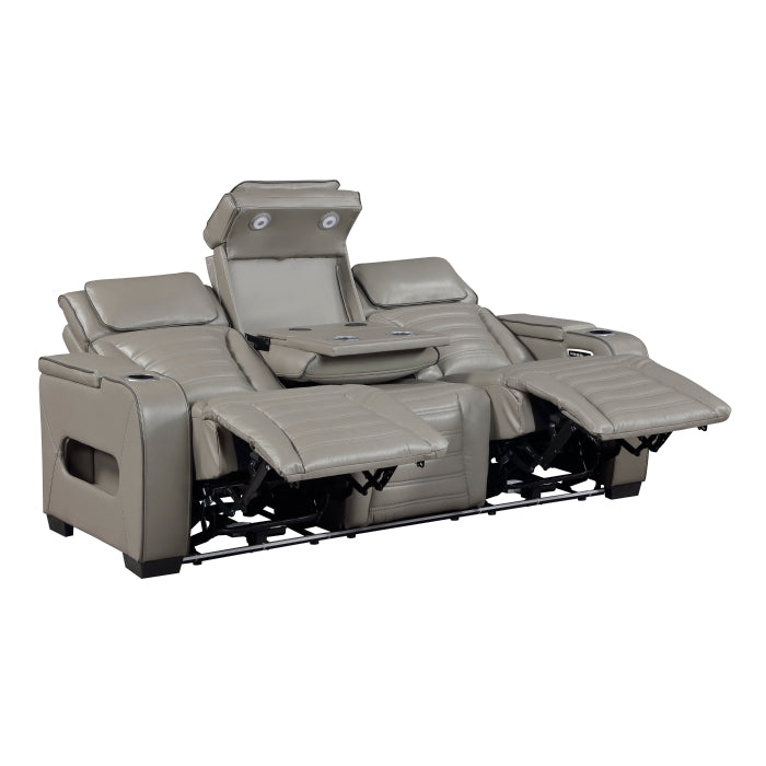 Cyber Gray Power Double Reclining Sofa With Center Drop-down Cup Holders Power Headrests Storage Arms Cup Holders Reading Lights Wireless Charger Air Massage Heat Led Lighting And Charging Ports