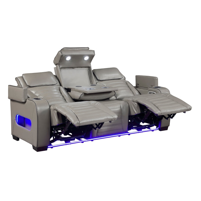 Cyber Gray Power Double Reclining Sofa With Center Drop-down Cup Holders Power Headrests Storage Arms Cup Holders Reading Lights Wireless Charger Air Massage Heat Led Lighting And Charging Ports