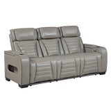 Cyber Gray Power Double Reclining Sofa With Center Drop-down Cup Holders Power Headrests Storage Arms Cup Holders Reading Lights Wireless Charger Air Massage Heat Led Lighting And Charging Ports