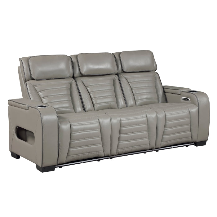 Cyber Gray Power Double Reclining Sofa With Center Drop-down Cup Holders Power Headrests Storage Arms Cup Holders Reading Lights Wireless Charger Air Massage Heat Led Lighting And Charging Ports