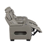 Cyber Gray Power Double Reclining Sofa With Center Drop-down Cup Holders Power Headrests Storage Arms Cup Holders Reading Lights Wireless Charger Air Massage Heat Led Lighting And Charging Ports