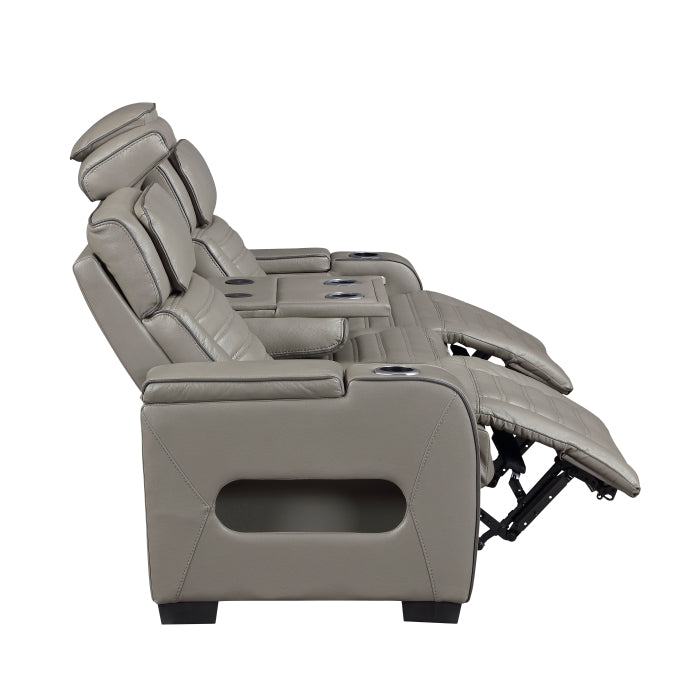 Cyber Gray Power Double Reclining Sofa With Center Drop-down Cup Holders Power Headrests Storage Arms Cup Holders Reading Lights Wireless Charger Air Massage Heat Led Lighting And Charging Ports