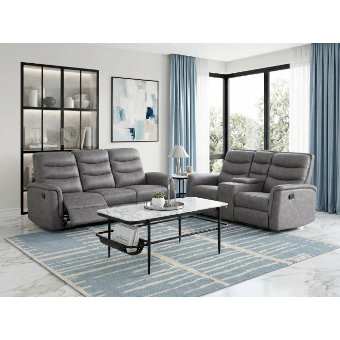 Metric Gray Double Reclining Sofa With Drop-down Cup Holders