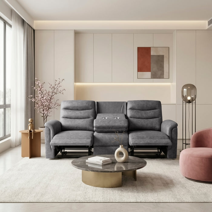 Metric Gray Double Reclining Sofa With Drop-down Cup Holders