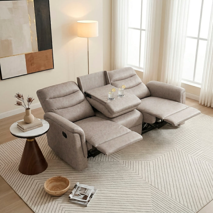 Metric Beige Double Reclining Sofa With Drop-down Cup Holders