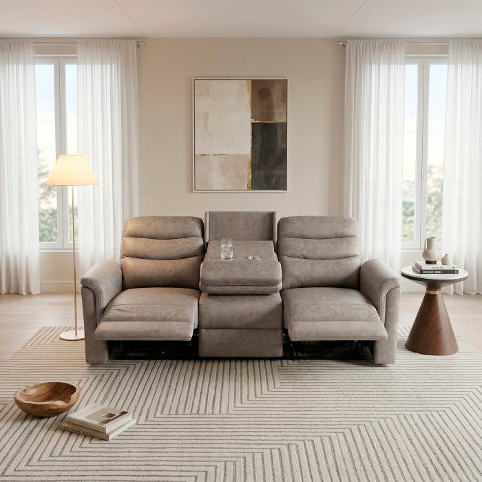 Metric Beige Double Reclining Sofa With Drop-down Cup Holders