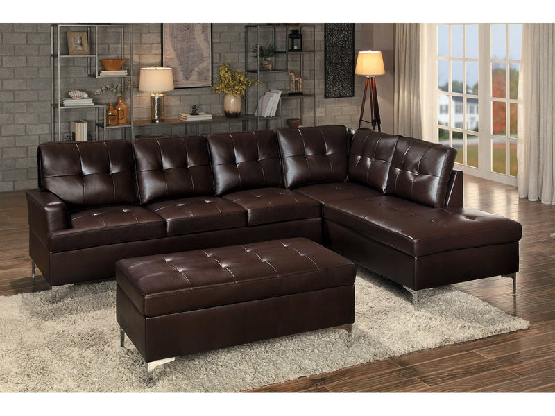 Barrington Brown Faux Leather 3pc RAF Chaise Sectional w/ Ottoman - Ornate Home