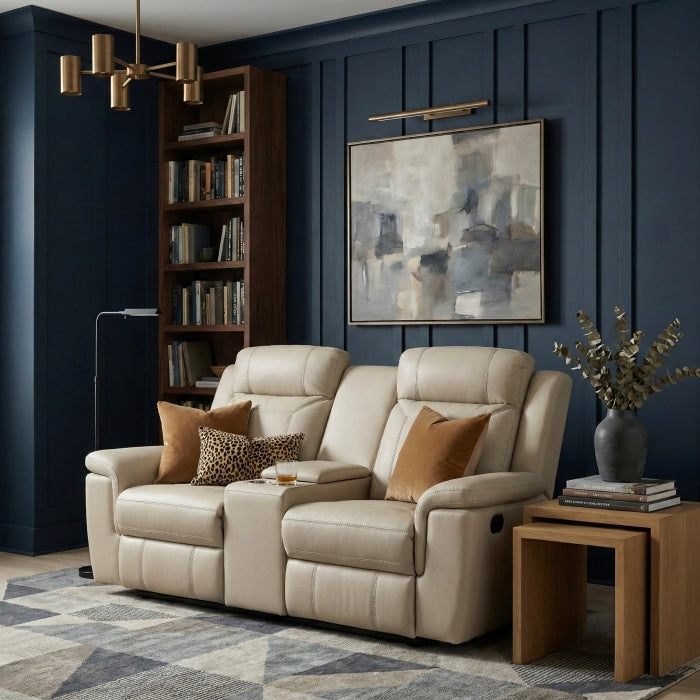 Nest Beige Double Reclining Loveseat With Center Console And Receptacles