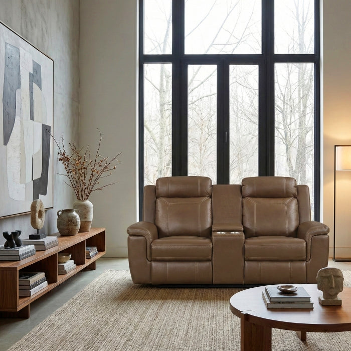 Nest Brown Double Reclining Loveseat With Center Console And Receptacles
