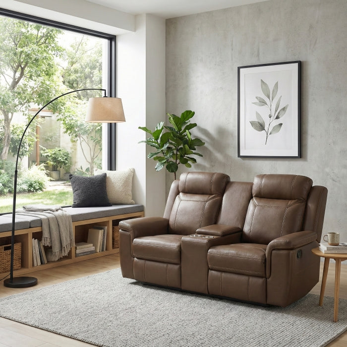 Nest Brown Double Reclining Loveseat With Center Console And Receptacles