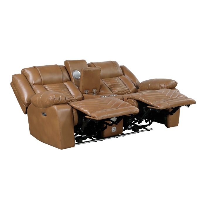 Huron Brown Power Double Reclining Loveseat With Center Console Wireless Speakers Led And Charging Ports