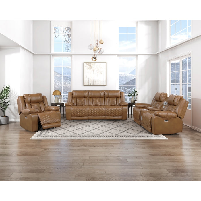 Huron Brown Power Double Reclining Sofa With Center Drop-down Cup Holders Wireless Charger Magazine Bag Led And Charging Ports