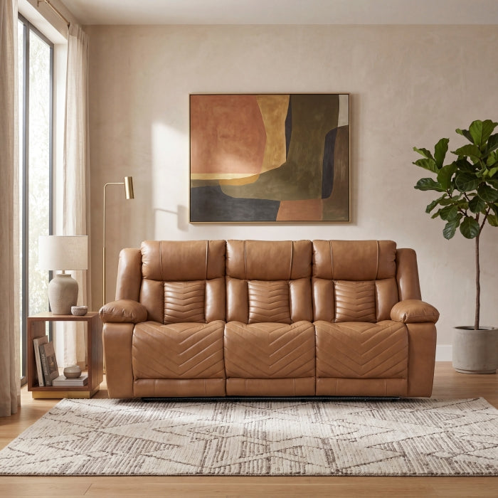 Huron Brown Power Double Reclining Sofa With Center Drop-down Cup Holders Wireless Charger Magazine Bag Led And Charging Ports