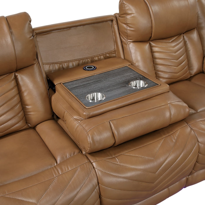 Huron Brown Power Double Reclining Sofa With Center Drop-down Cup Holders Wireless Charger Magazine Bag Led And Charging Ports