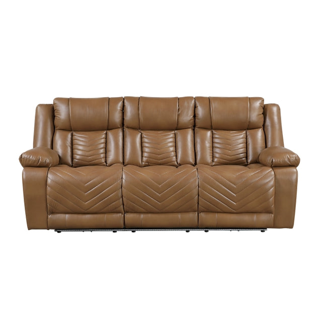 Huron Brown Power Double Reclining Sofa With Center Drop-down Cup Holders Wireless Charger Magazine Bag Led And Charging Ports
