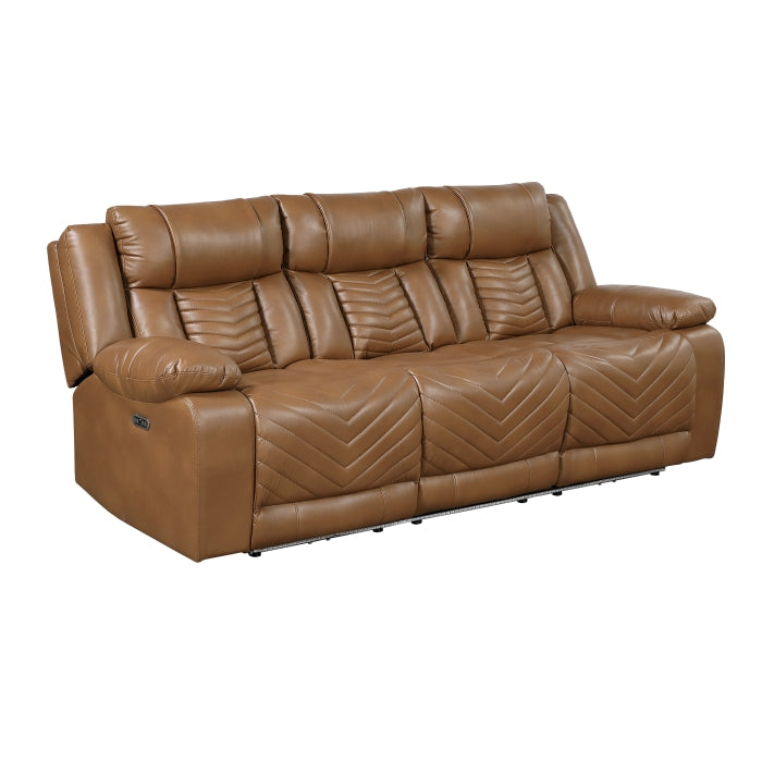Huron Brown Power Double Reclining Sofa With Center Drop-down Cup Holders Wireless Charger Magazine Bag Led And Charging Ports