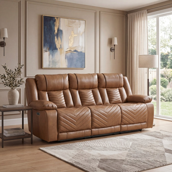 Huron Brown Power Double Reclining Sofa With Center Drop-down Cup Holders Wireless Charger Magazine Bag Led And Charging Ports