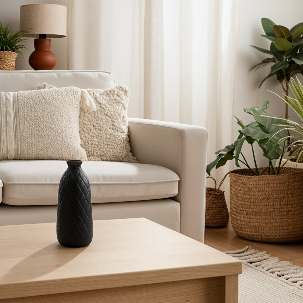 Wellsona Black Small Ceramic Plaid Textured Vase