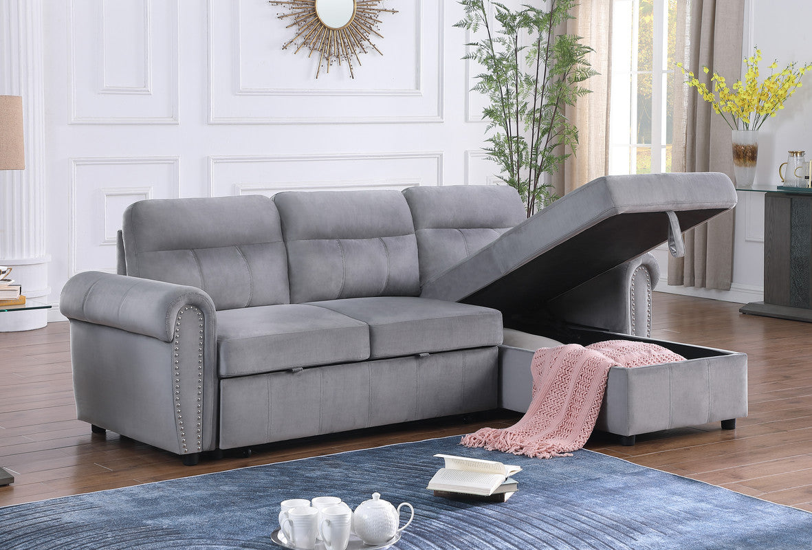 Ashton Gray 96.5"W Velvet Reversible Sleeper Sectional Sofa with Chaise