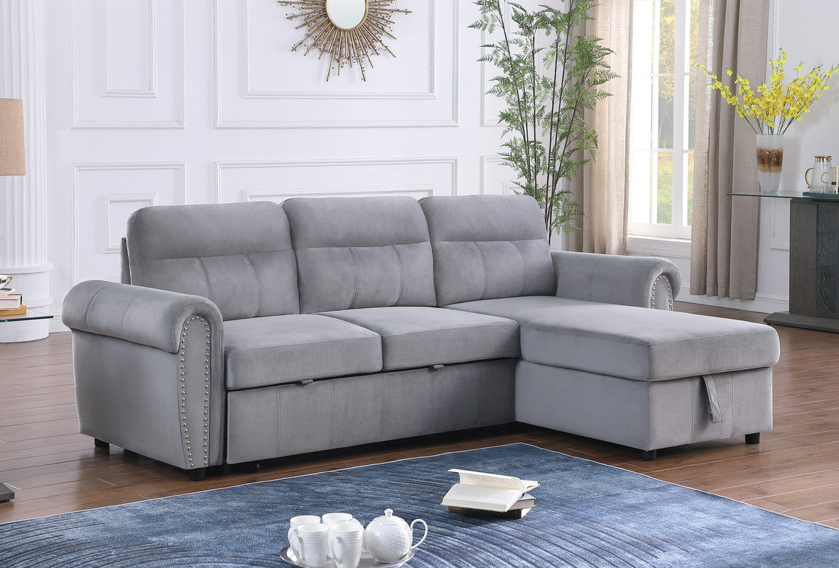 Ashton Gray 96.5"W Velvet Reversible Sleeper Sectional Sofa with Chaise