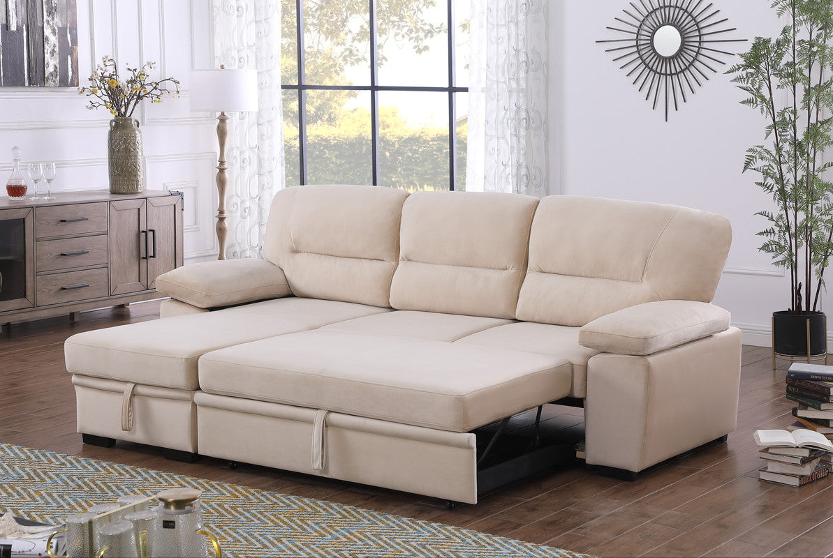 Kipling Beige 97.5"W Velvet Reversible Sleeper Sectional Sofa with Chaise