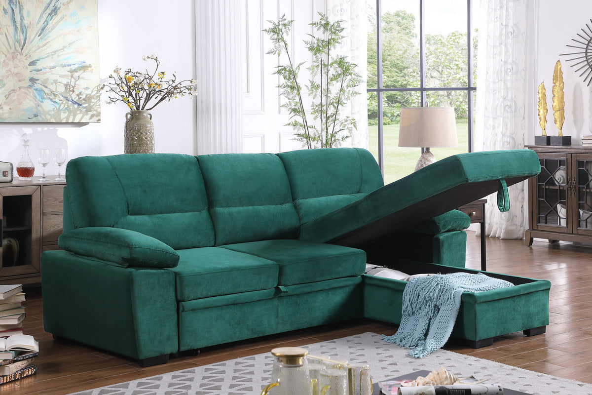 Kipling Green 97.5"W Velvet Reversible Sleeper Sectional Sofa with Chaise