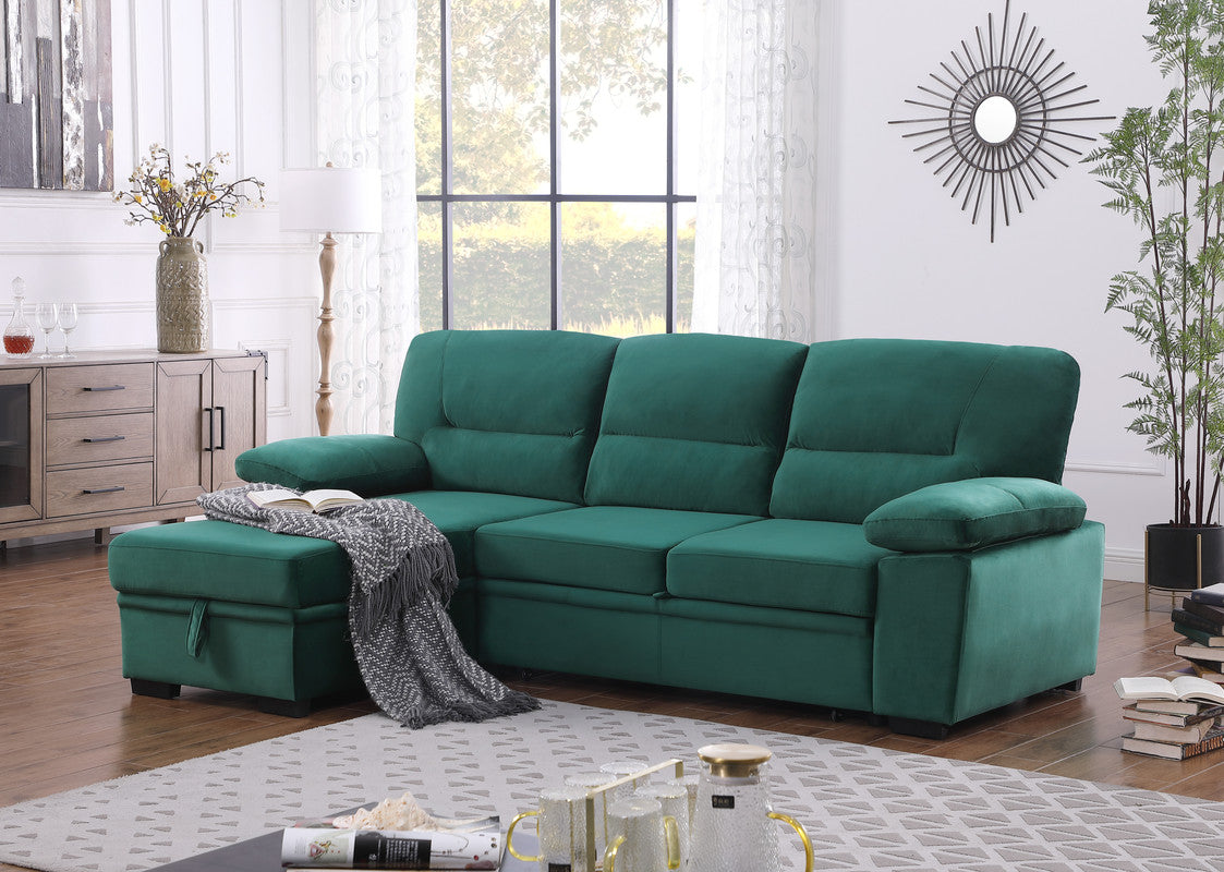 Kipling Green 97.5"W Velvet Reversible Sleeper Sectional Sofa with Chaise