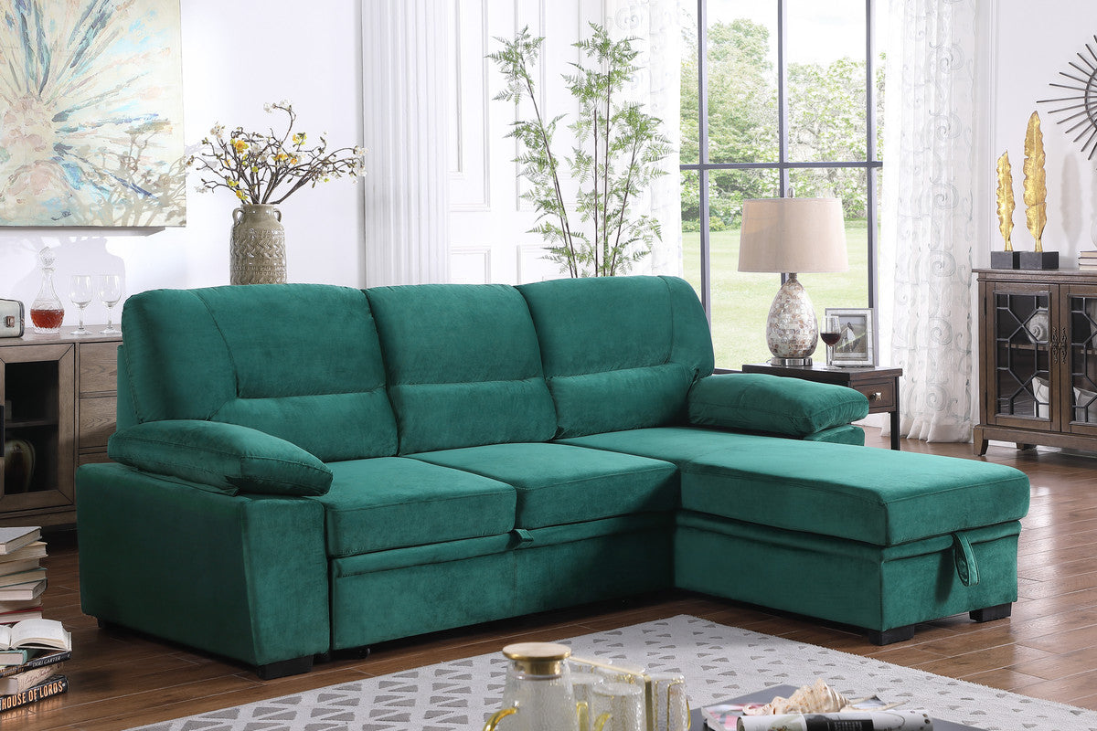 Kipling Green 97.5"W Velvet Reversible Sleeper Sectional Sofa with Chaise