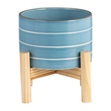 Alisal Sky Blue Small Striped Planter with Wood Stand