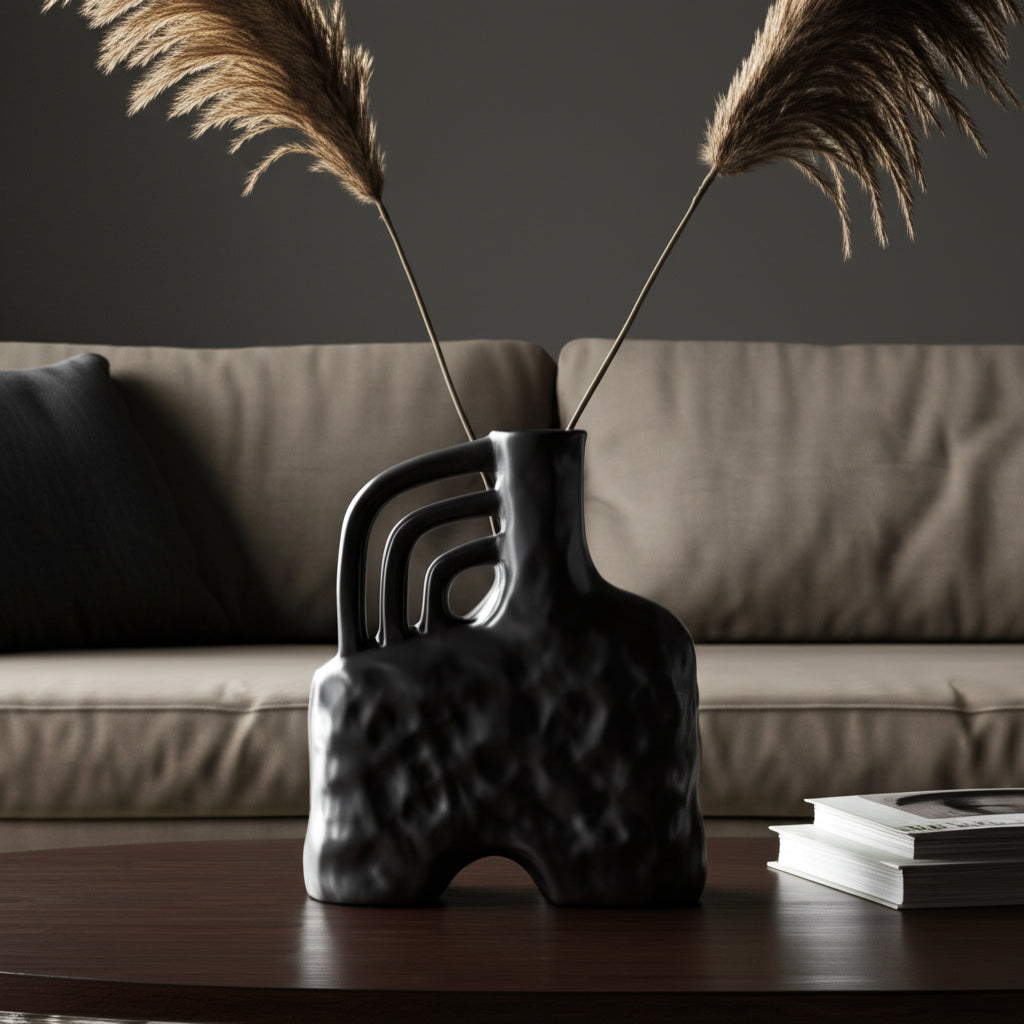 Rowen Black Ceramic Metallic Triple Handle Vase