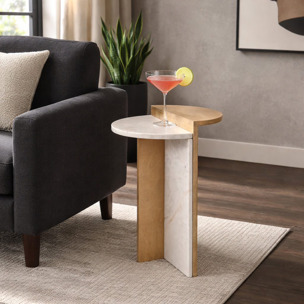 Plumas White/Natural Wood and Marble Combo Accent Table