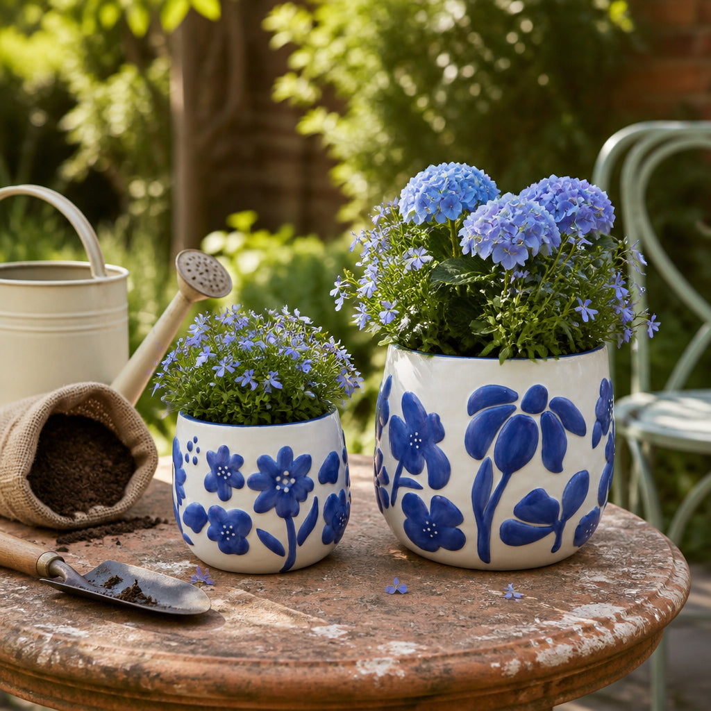 Miranda Blue Floral Embossed Planters (Set of 2)