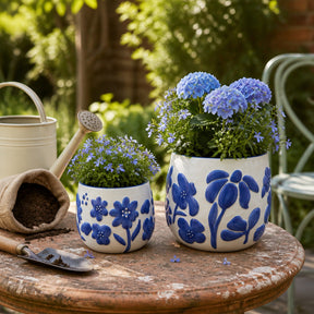 Miranda Blue Floral Embossed Planters (Set of 2)