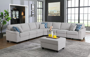 Leo Light Gray 125"W Linen 8-Piece Modular L-Shape Sectional Sofa with Ottoman