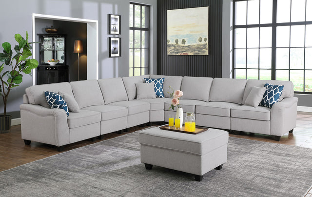 Leo Light Gray 125"W Linen 8-Piece Modular L-Shape Sectional Sofa with Ottoman