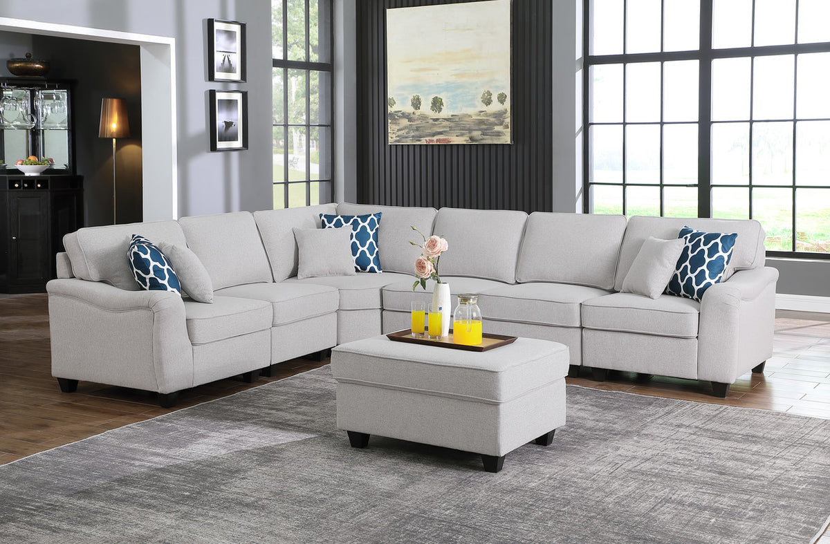 Leo Light Gray 125"W Linen 7-Piece Modular L-Shape Sectional Sofa with Ottoman