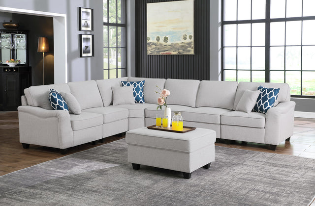 Leo Light Gray 125"W Linen 7-Piece Modular L-Shape Sectional Sofa with Ottoman